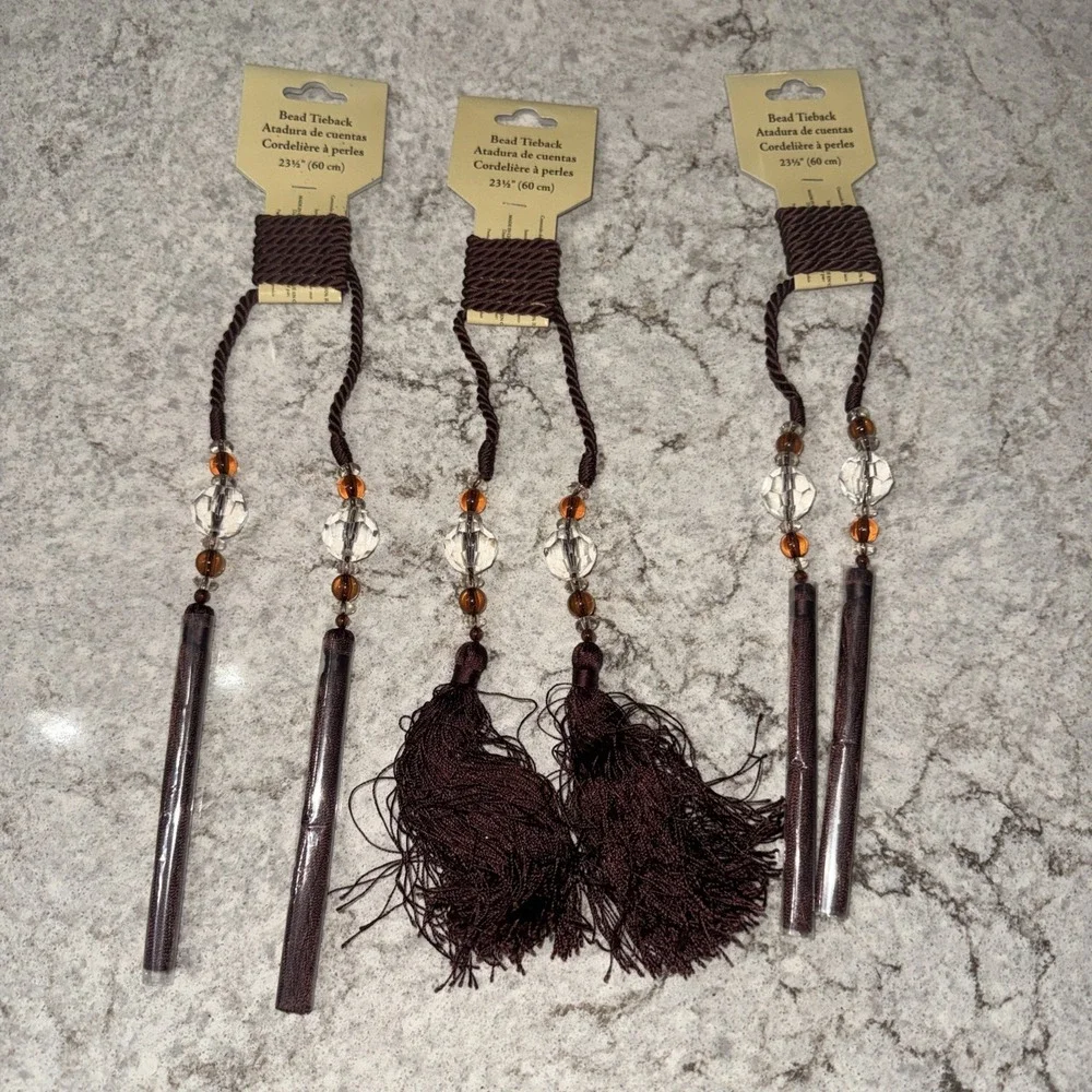 Set Of 3 Rope Tassel Drapery Curtain Bead Tieback 4.75 In Tassels Brown 23.5 In